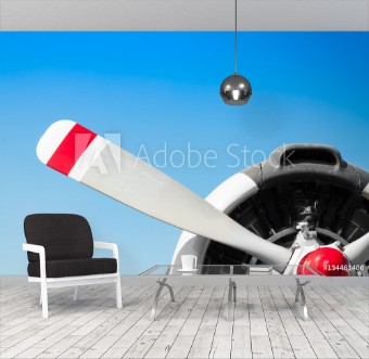 Bild på Vintage airplane propeller with radial engine on blue sky
